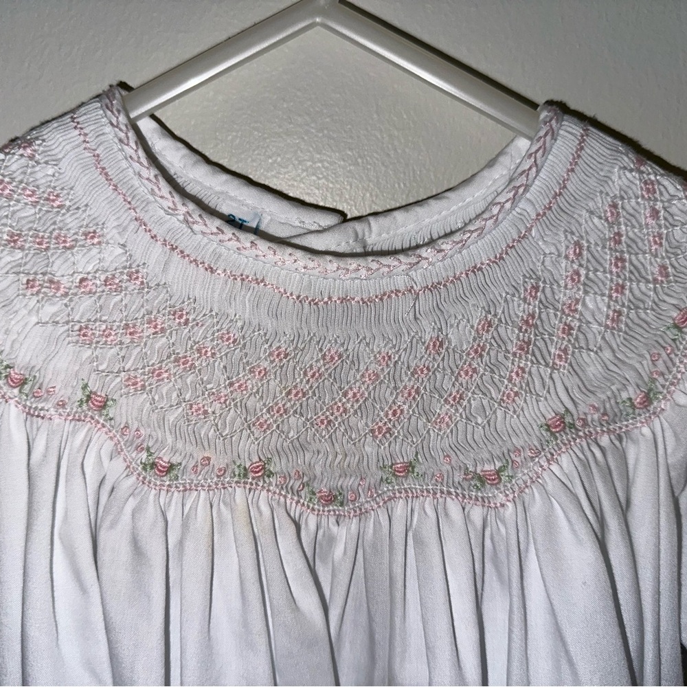 White Smocked Dress with Pink Embroidery